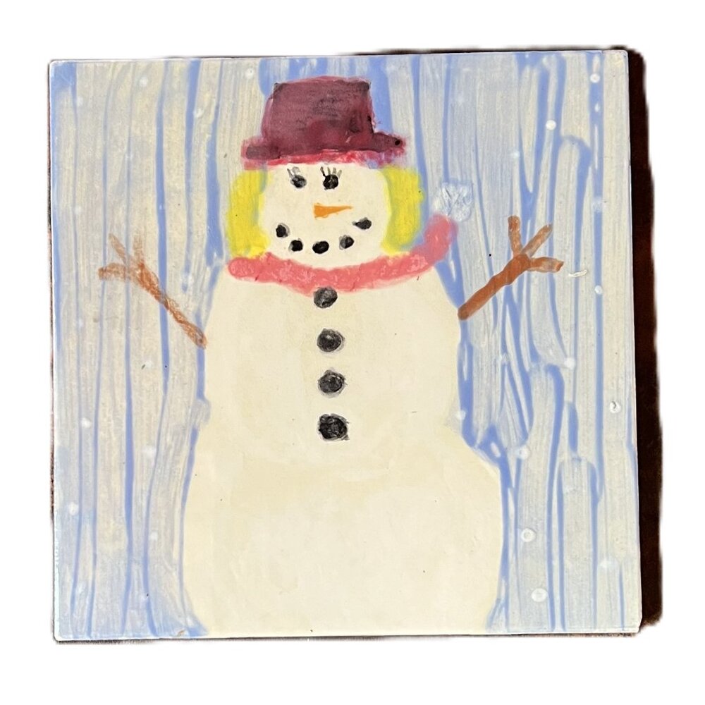 Handmade Snowwoman Ceramic Tile with Wooden Tile Stand, 6" x 6" Square